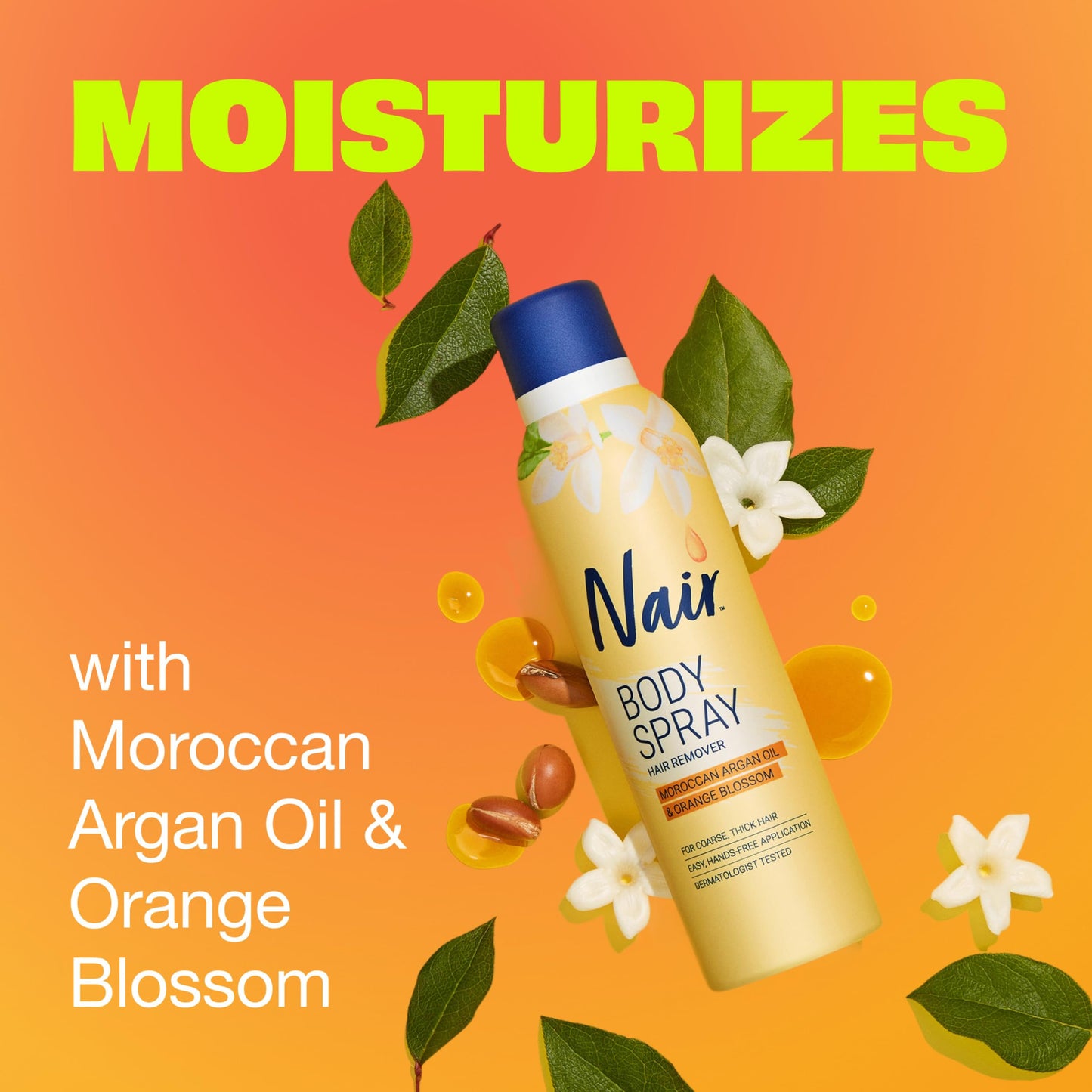 Nair Body Spray Hair Remover, Hands-Free Applicator Hair Removal Spray with Moroccan Argan Oil and Orange Blossom for Body, 7.5 Oz