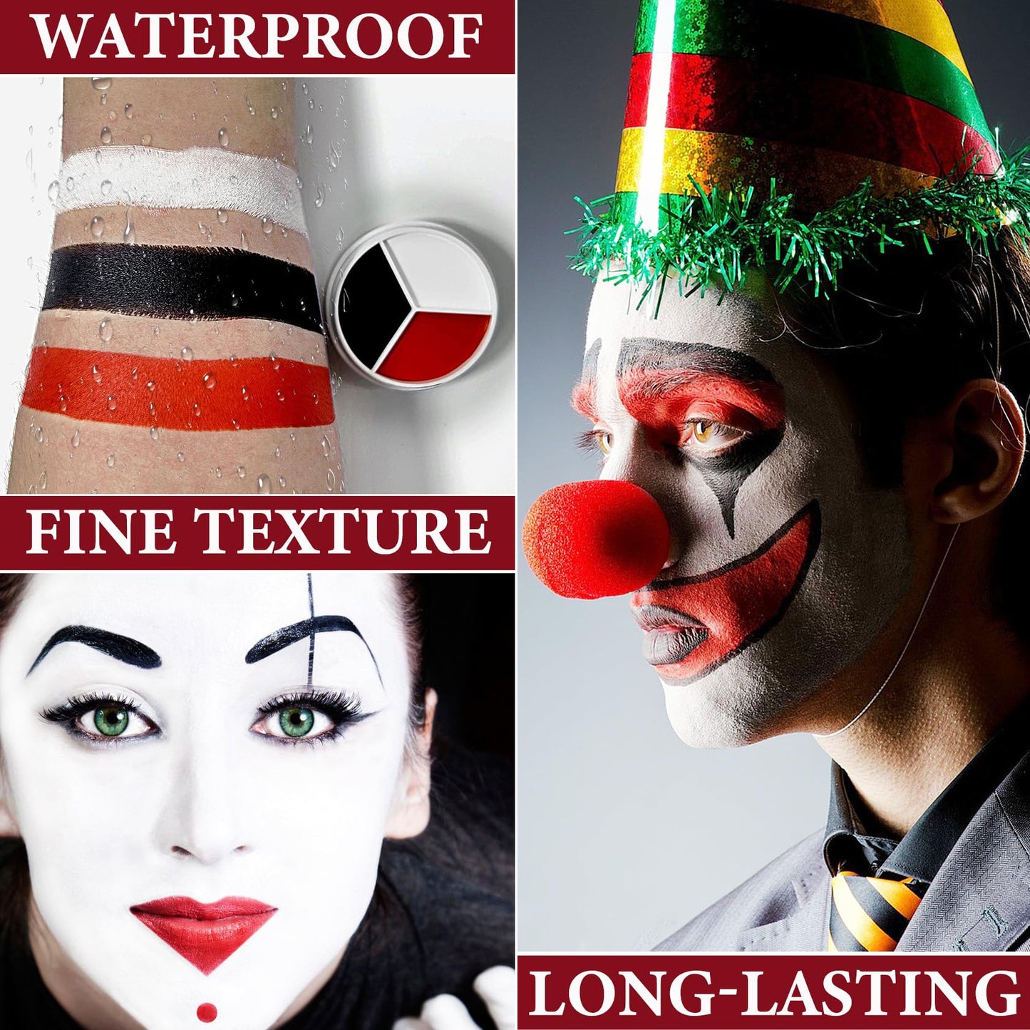 WENJLYJ Clown Black White Red Face Body Paint Makeup,Waterproof Halloween Face Paint Professional Joker Black White Red Clown Wheel for Cosplay Halloween
