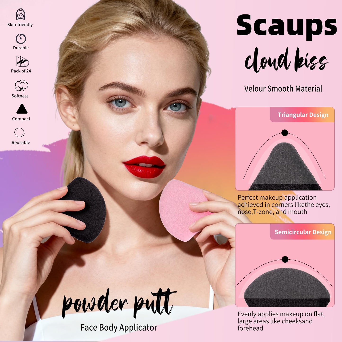 Scaups 24Pcs Black and Pink Powder Puff, Triangle Powder Puffs, Powder Puffs for Makeup and Cosmetic Foundation Beauty and Personal Care Scaups