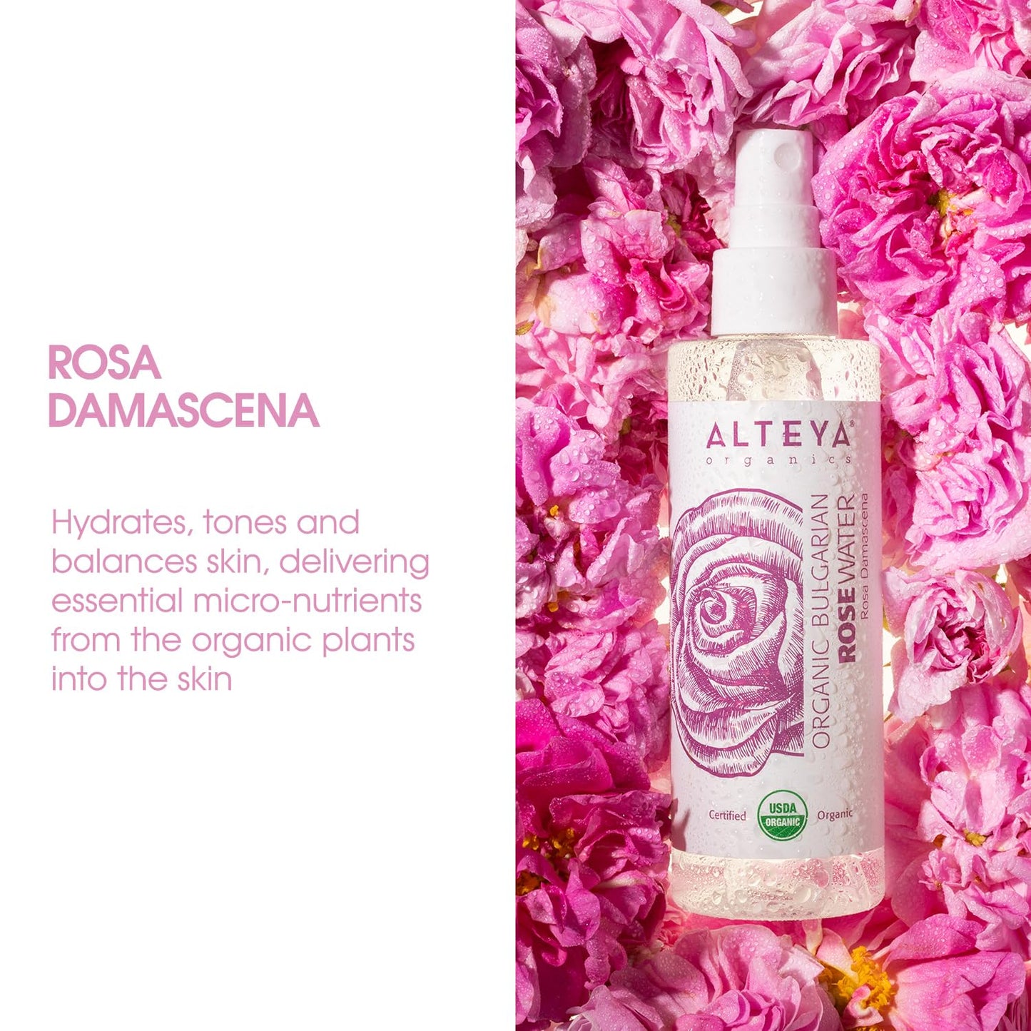 Alteya UDSA Organic Bulgarian Rose Water 3.4 Fl Oz Spray