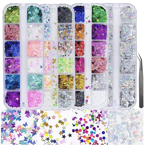 AddFavor 4 Boxes Holographic Nail Sequins Shapes Mixed Iridescent Nail Glitter Flakes Butterfly Hearts Star DIY Design Manicure Decorations Sets