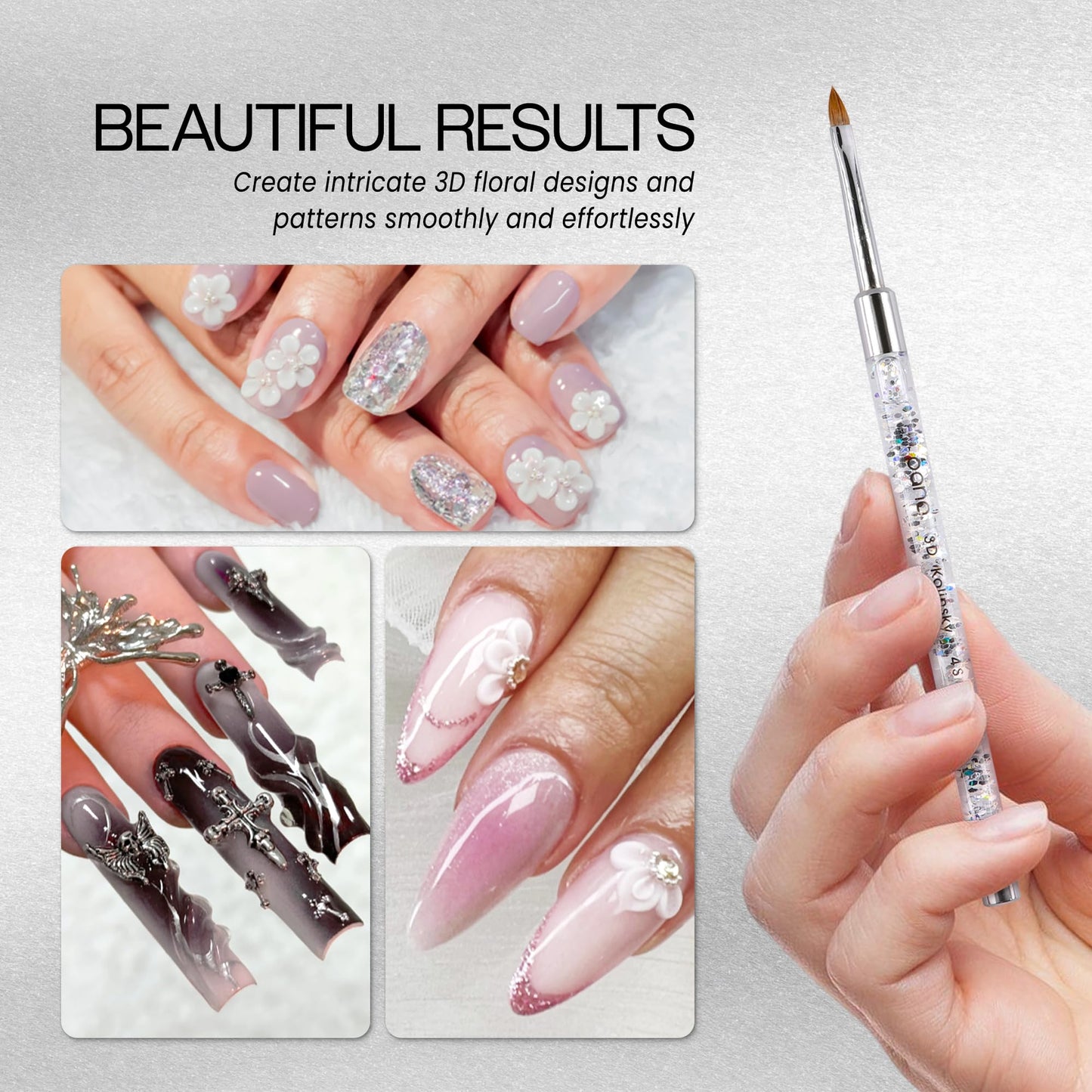 PANA 3D Kolinsky Nail Art Brush - Silver Glitter Handle, Size 4 - Acrylic Nail Art Sculpture Brush for Manicures Pedicure Salon Professional or