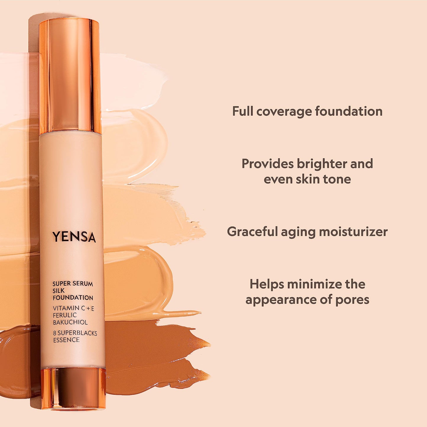 YENSA Serum Foundation Makeup - Super Silk Full Coverage Foundation Enriched with Peptides, Vitamin C & Ferulic Acid to Help Reduce Fine Lines