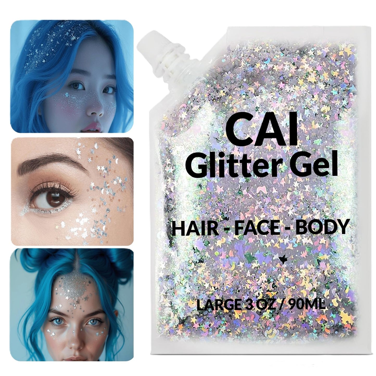 Face, Body & Hair Glitter Gel - Halloween Glitter for Kids and Women - 3 Oz Cosmetic-Grade Gel w/Moon & Stars for Festivals & Halloween Party, Easy