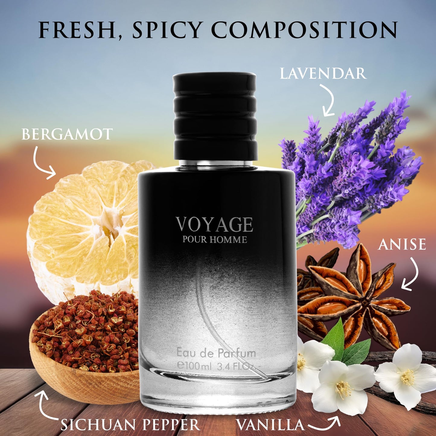 Voyage for Men Eau De Parfum - Sophisticated Male Fragrance Composition of bergamot, Pepper, Lavender, Star Anise & Nutmeg - Base of Peppery & Vanilla
