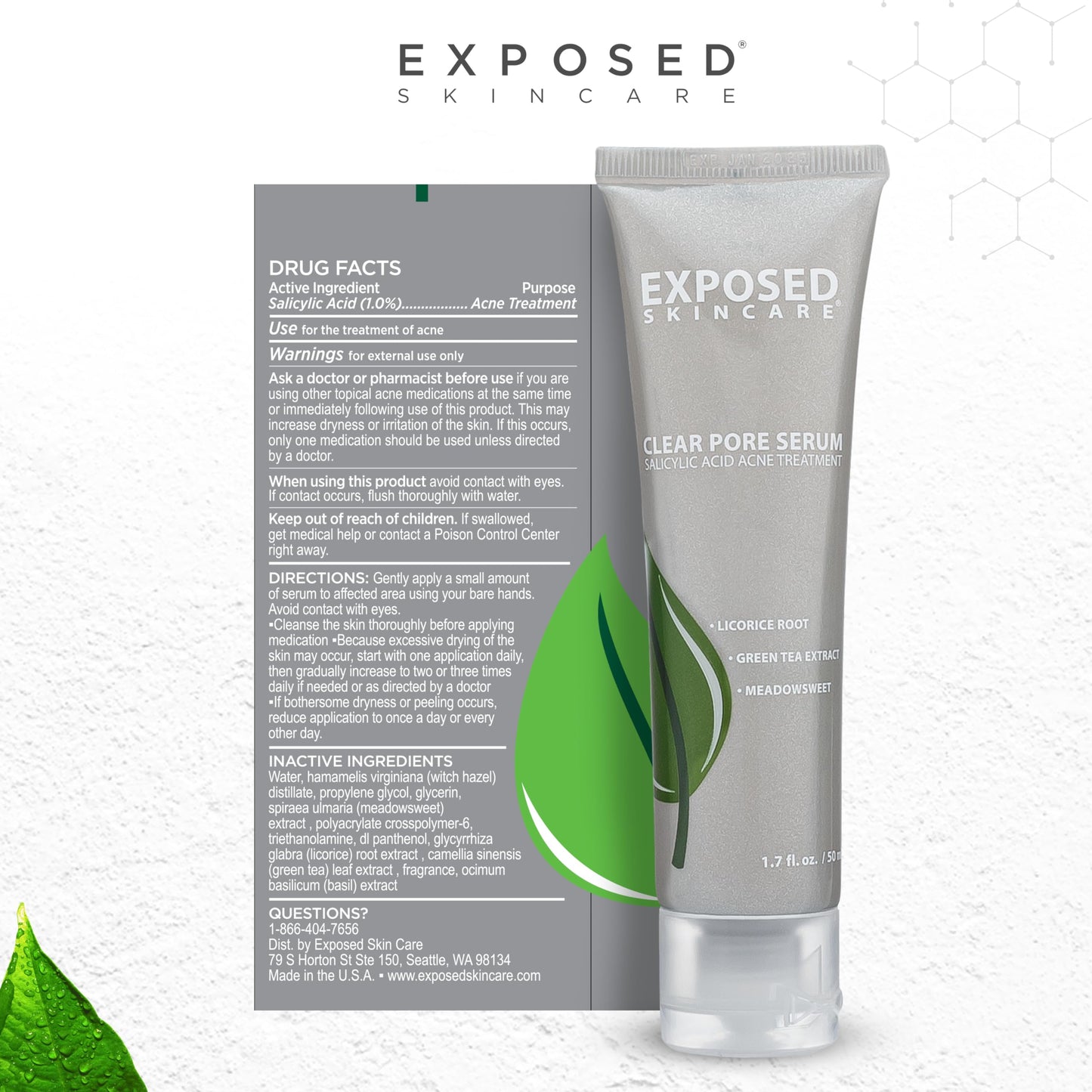 Exposed Skin Care, Clear Pore Serum with 1% Salicylic Acid for Sensitive and Oily Skin - Gently Clears Blackheads, Minimizes Pores and Reduces Excess