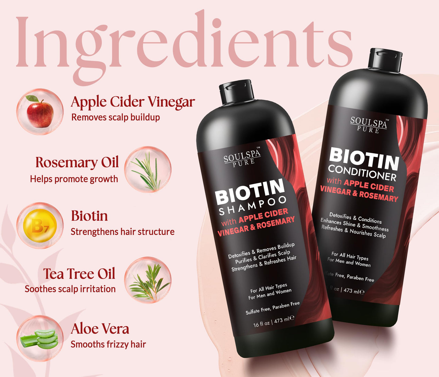 SOULSPA PURE Apple Cider Vinegar Biotin Shampoo and Conditioner Set - ACV Clarifying Scalp Care with Rosemary Oil & Keratin - Sulfate Free for Oily
