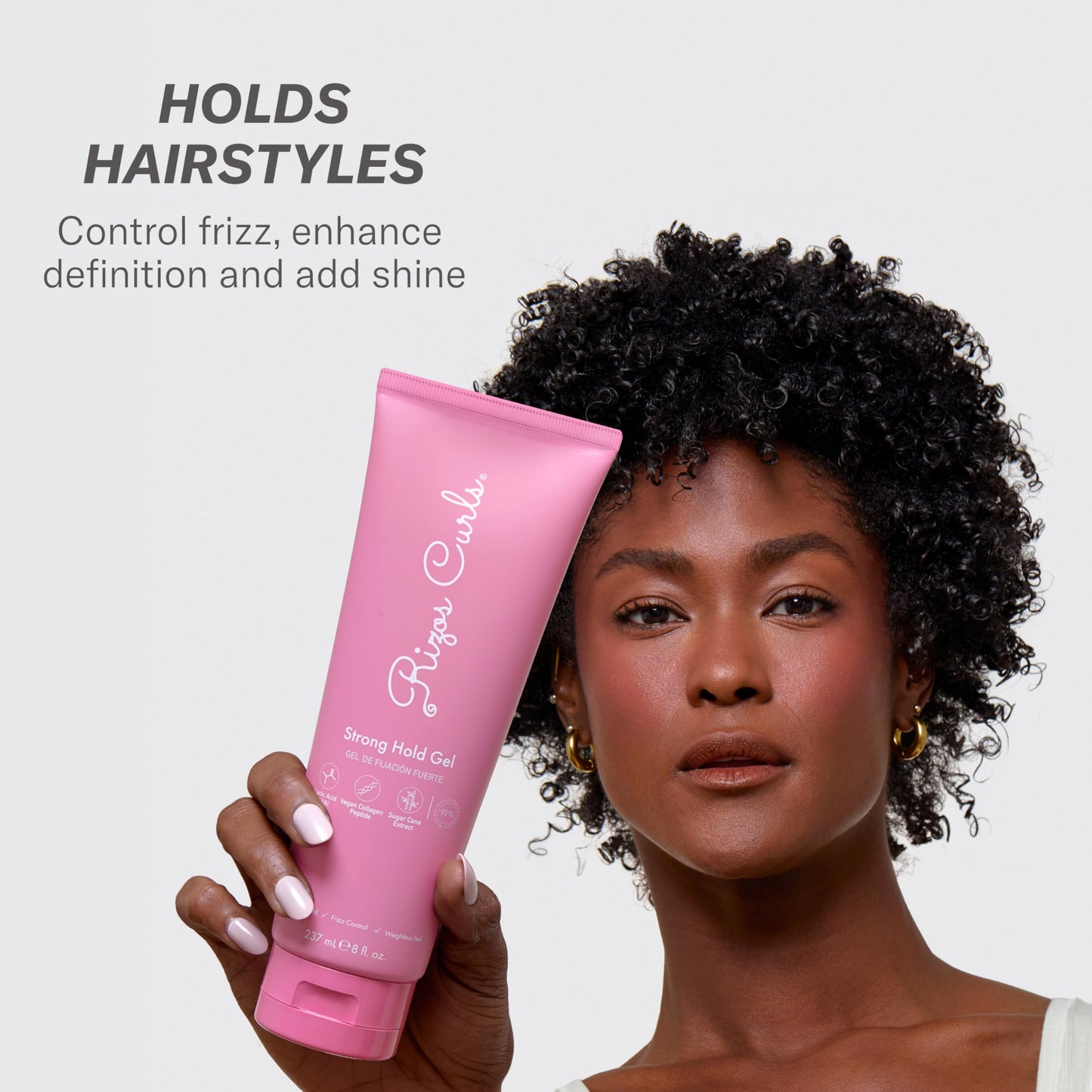 Rizos Curls Strong Hold Gel - Long-Lasting, Flake-Free Gel for Curly, Coily, and Wavy Hair, Frizz Control, Curl Definition & Shine, Vegan Collagen