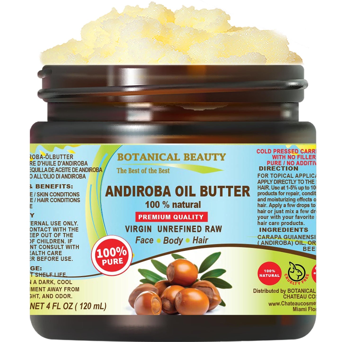 Botanical Beauty Andiroba Oil Butter Raw Pure Natural VIRGIN UNREFINED Cold-Pressed for Face, Skin, Body, Hair, Lip, Nails. Rich in Vitamin E, Vitamin
