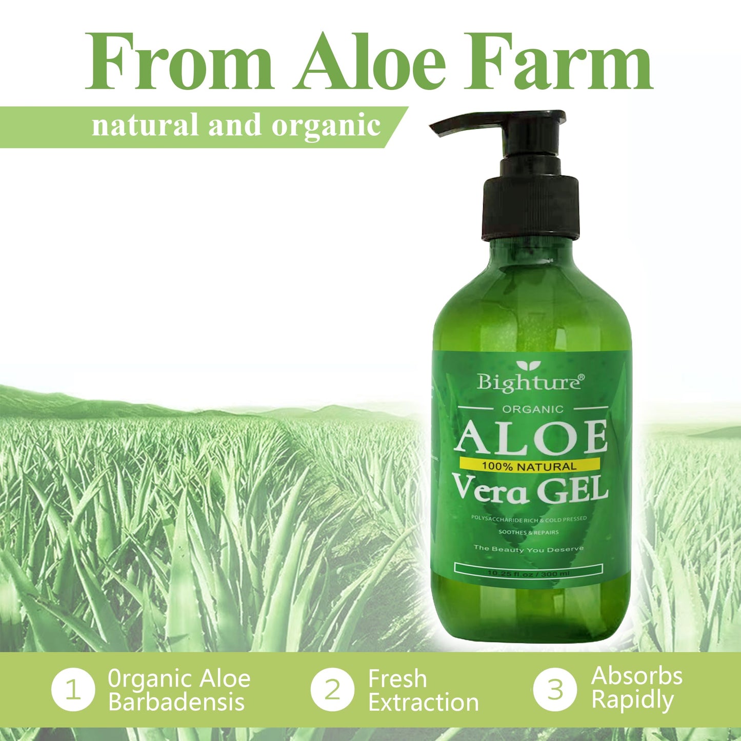 BIGHTURE Aloe Vera Gel, 100% Aloe Vera from Freshly Cut Aloe Leaves, Skin Care for Deeply & Rapidly Soothing, Firming, After Shave, Sunburn Relieve
