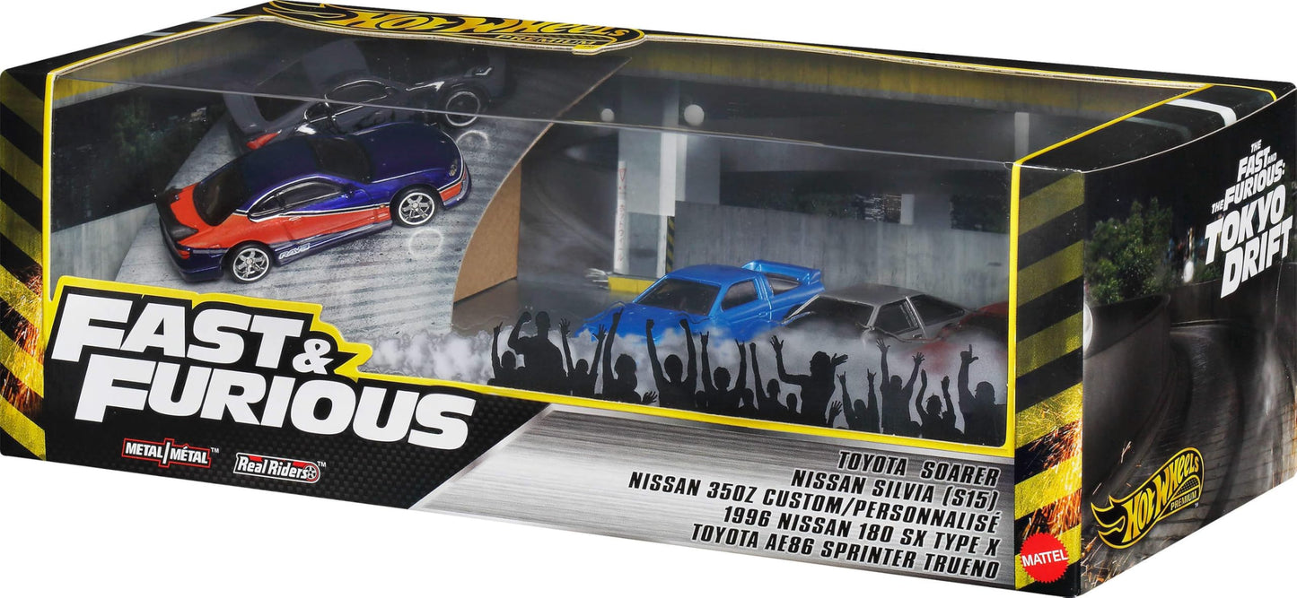 Hot Wheels Toy Cars, Premium Fast & Furious Tokyo Drift Bundle, 5 1:64 Scale Die-Cast Vehicles from The Fast Movie in Collectable Packaging