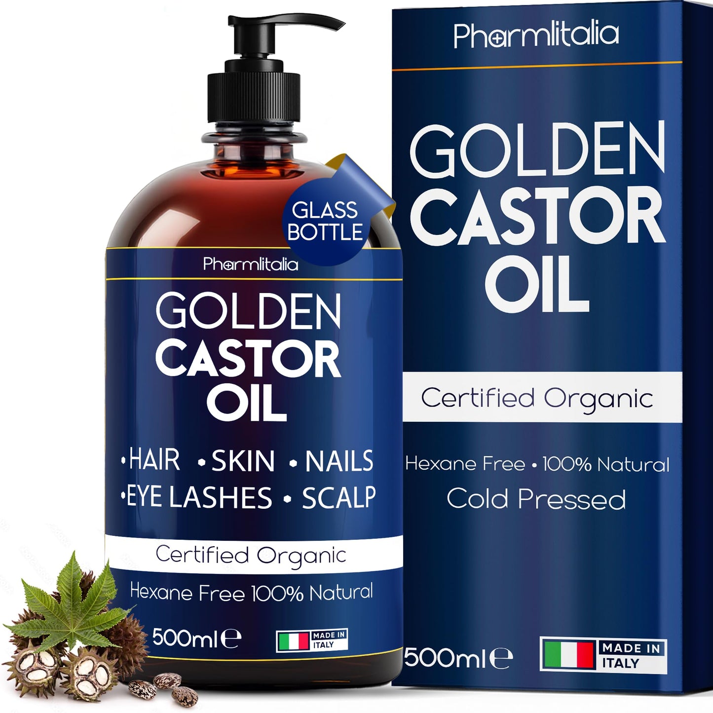 Pharmlitalia Caster Oil Organic Cold Pressed Unrefined Glass Bottle - Organic Golden Castor Oil for Face, Scalp, Eyelashes, Skin Care and Nails