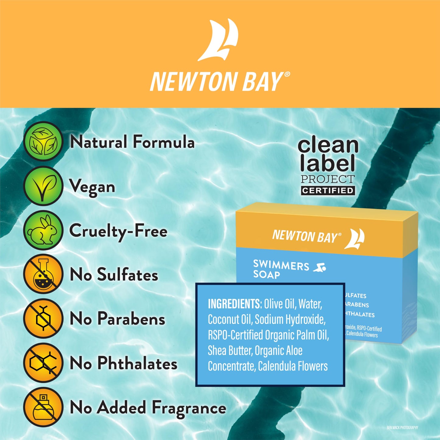 Newton Bay Swimmers Soap | All Natural Body and Face Wash Soap Bar | Gently Washes Away Chlorine After Swimming | Revitalizes Sensitive Skin | 5-Pack
