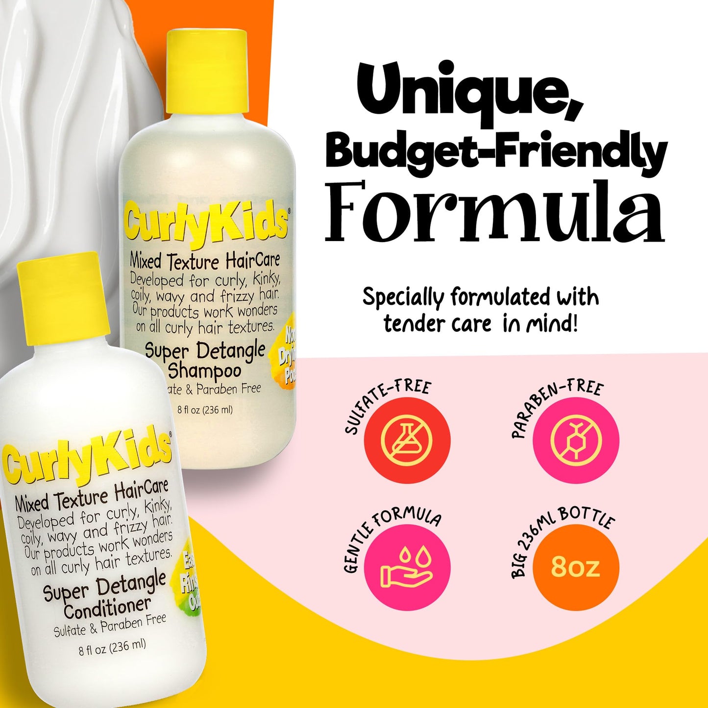 CurlyKids Super Detangle Kids Shampoo & Conditioner Set, Frizz-Free Care for Curly, Kinky, Wavy, and Frizzy Hair - Sulfate & Paraben-Free Hair Care