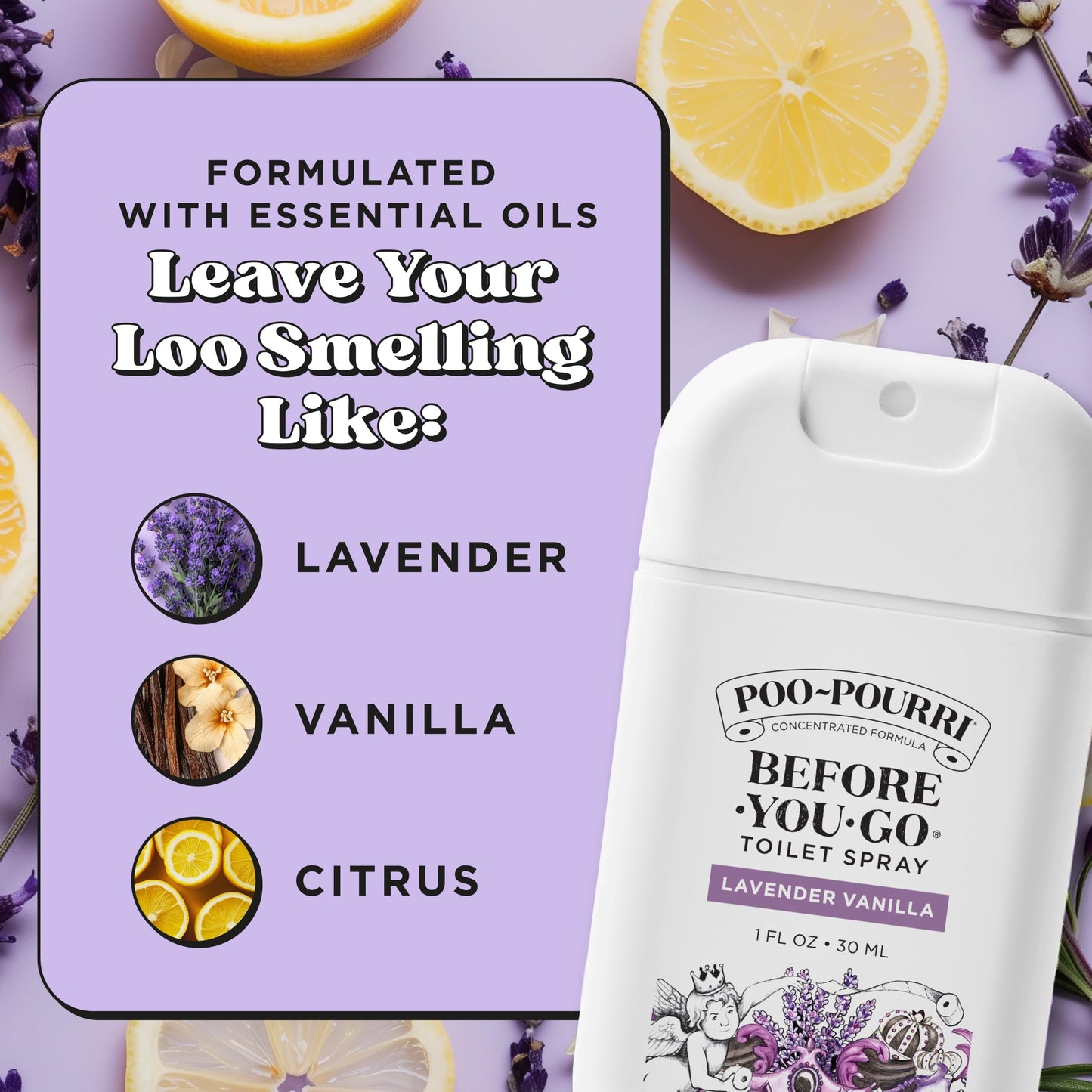 Poo-Pourri Lavender Vanilla Toilet Spray – Travel Size Odor Trap with Essential Oils & Plant-Based Ingredients – Citrus Scent