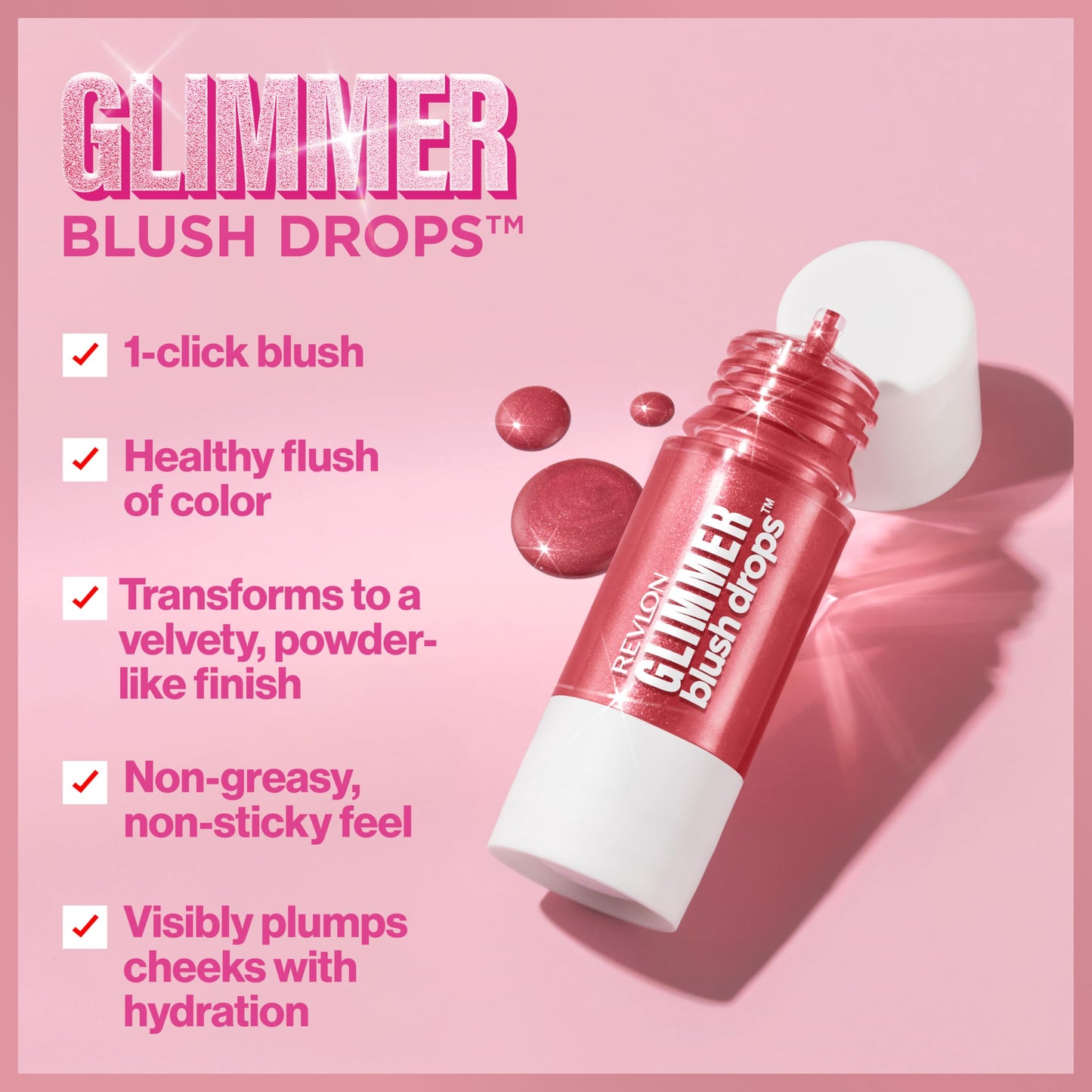 Revlon Glimmer Blush Drops, Liquid Blush for Cheeks, Liquid to Velvety Powder Finish, Glowy, High Pigment, 102 Pink It Over, 0.32 fl oz