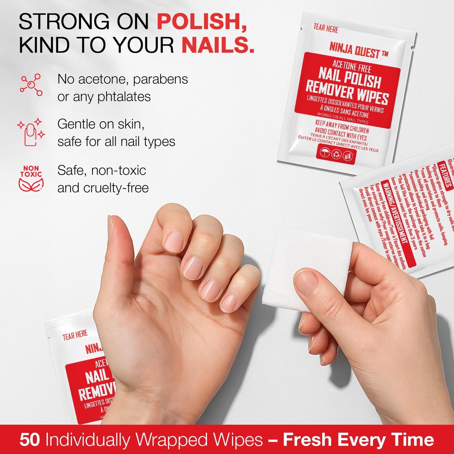 Nail Polish Remover Pads - 100% Non-Acetone - 50 Pack Bulk Set - Individually Wrapped - Quick Nail Polish Remover Wipes - Fingernail Travel Kit Beauty & Personal Care NINJA QUEST