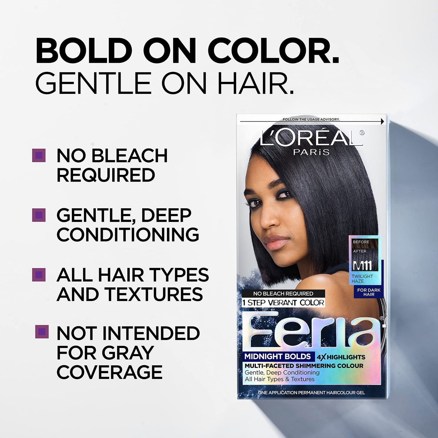 L'Oreal Paris Feria Midnight Bold Multi-Faceted Permanent One-Step Hair Color Kit, No Bleach Required, Twilight Haze