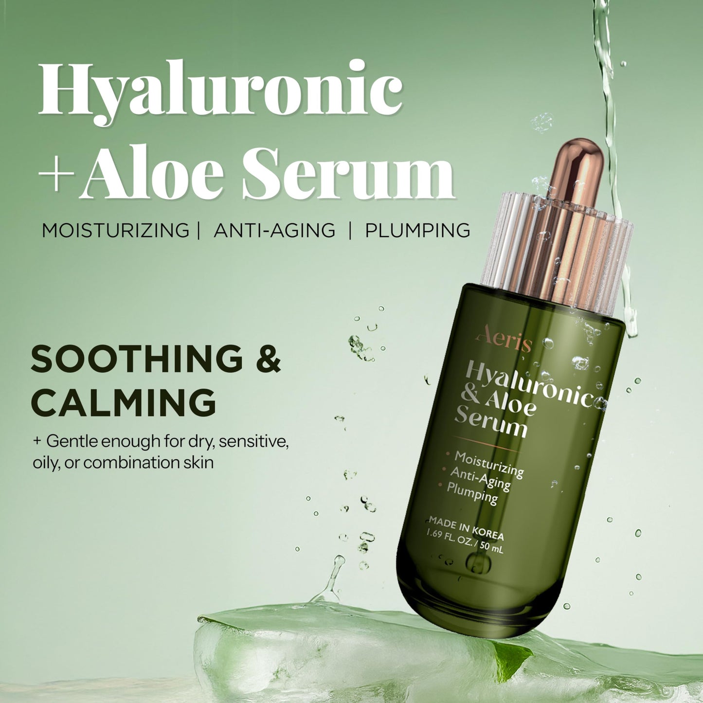Aeris Hyaluronic Acid Serum for Face with Aloe - Ultra Hydrating & Soothing Formula For Dry, Sensitive Skin - Dermatologist Tested, Anti-Aging, Korean