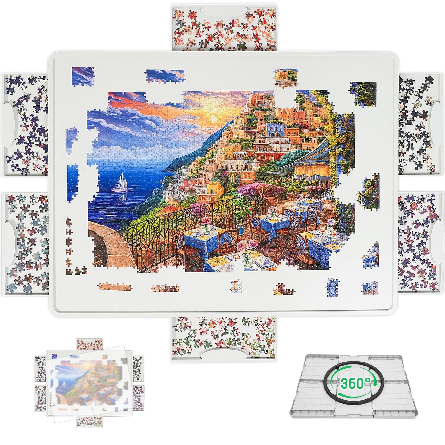 BuilderButler 1500 Piece Rotating Puzzle Board – 6 Sliding Drawers, Cover & 360° Lazy Susan Spin, 34.25"x26.38" Portable Puzzle Table