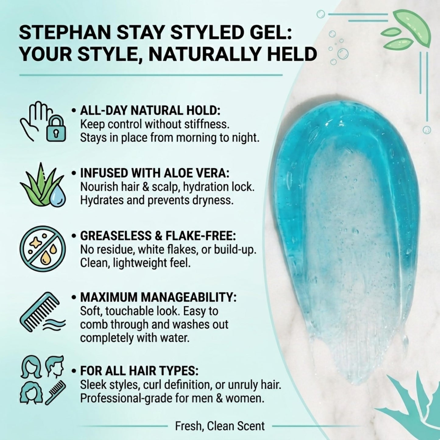 Stephan Stay Styled Hair Gel with Aloe Vera, Greaseless Firm Hold Men's Styling Formula, Flake-Free All-Day Control, 6 oz Squeeze Tube