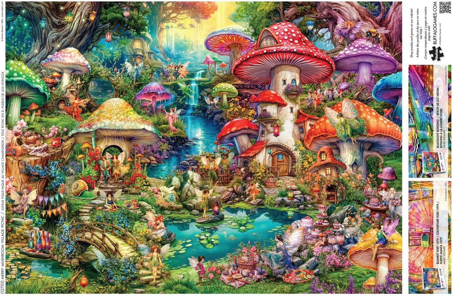 Buffalo Games 1000 Piece Jigsaw Puzzle – Aimee Stewart Merry Mushroom Village Picnic, Challenging Puzzle for Adults, 26.75" x 19.75"