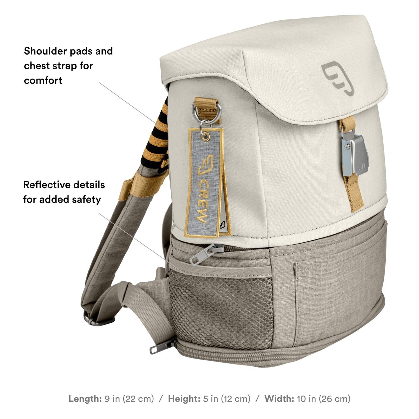 JetKids Stokke BackPack, White - Expandable Design for Kids 2-7 Years Old - Easy-to-Clean, Water Repellent Fabric - Includes Pull-Out Seat Pad, Name Tag & Detachable Captain Stripes