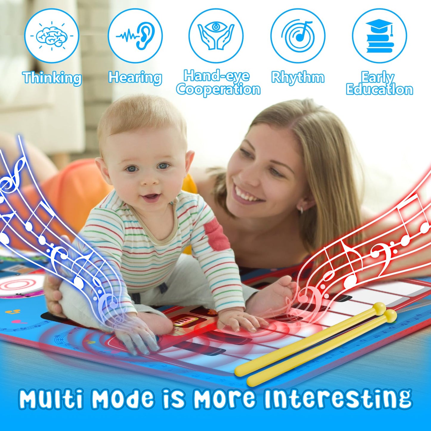 2-in-1 Musical Mat Toy – Piano Keyboard & Drum Set with Sticks, Educational Learning Toy for Boys & Girls Ages 1–5, Blue