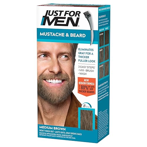 Just For Men Mustache & Beard, Beard Coloring for Gray Hair with Brush, with Keratin Biotin Aloe and Coconut Oil for Healthy Facial Hair - Medium