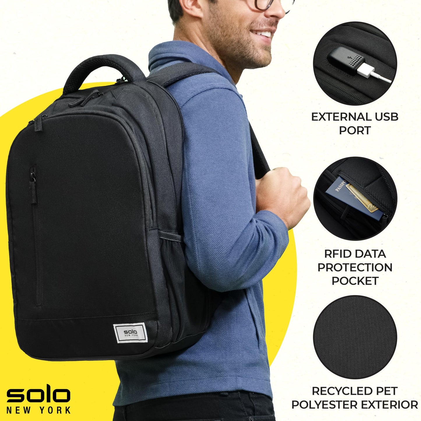 Solo New York Laptop Backpack for Women & Men -Carry On Bookbag for Travel & Work, Lightweight Bag, Side Mesh Pockets, Fits 15.6" Computer - Re:Define, Black