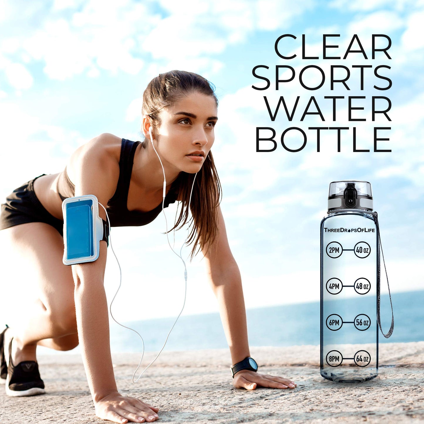 Three Drops of Life Time Marked Water Bottle, Clear Sports Timed Bottle 32 oz, Best for Measuring Water Intake, Tritan BPA-Free One Liter Hydration