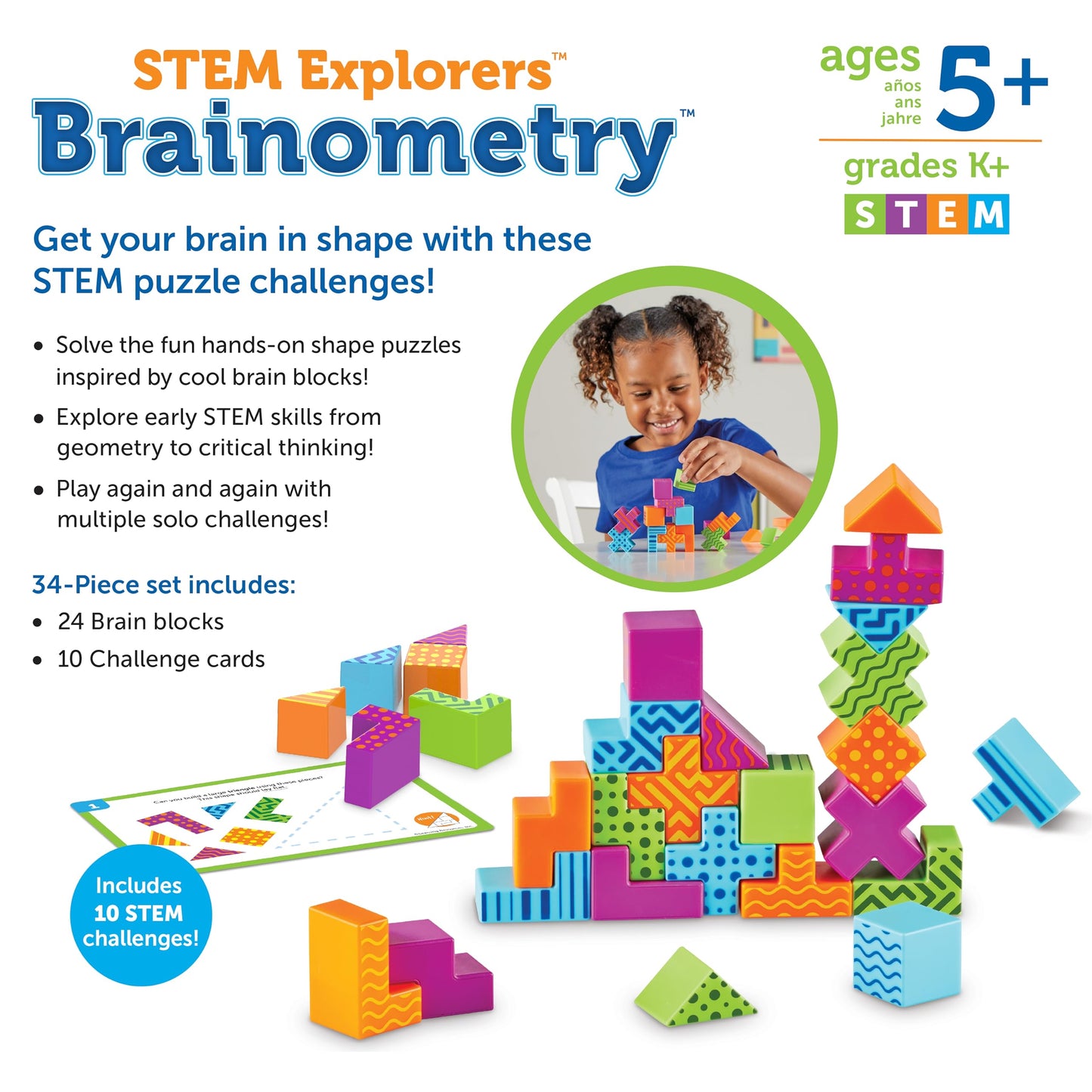 Learning Resources STEM Explorers Brainometry – 3D Puzzle Brain Games & Brainteasers, Logic Building Toy with Pattern Blocks & Math Manipulatives