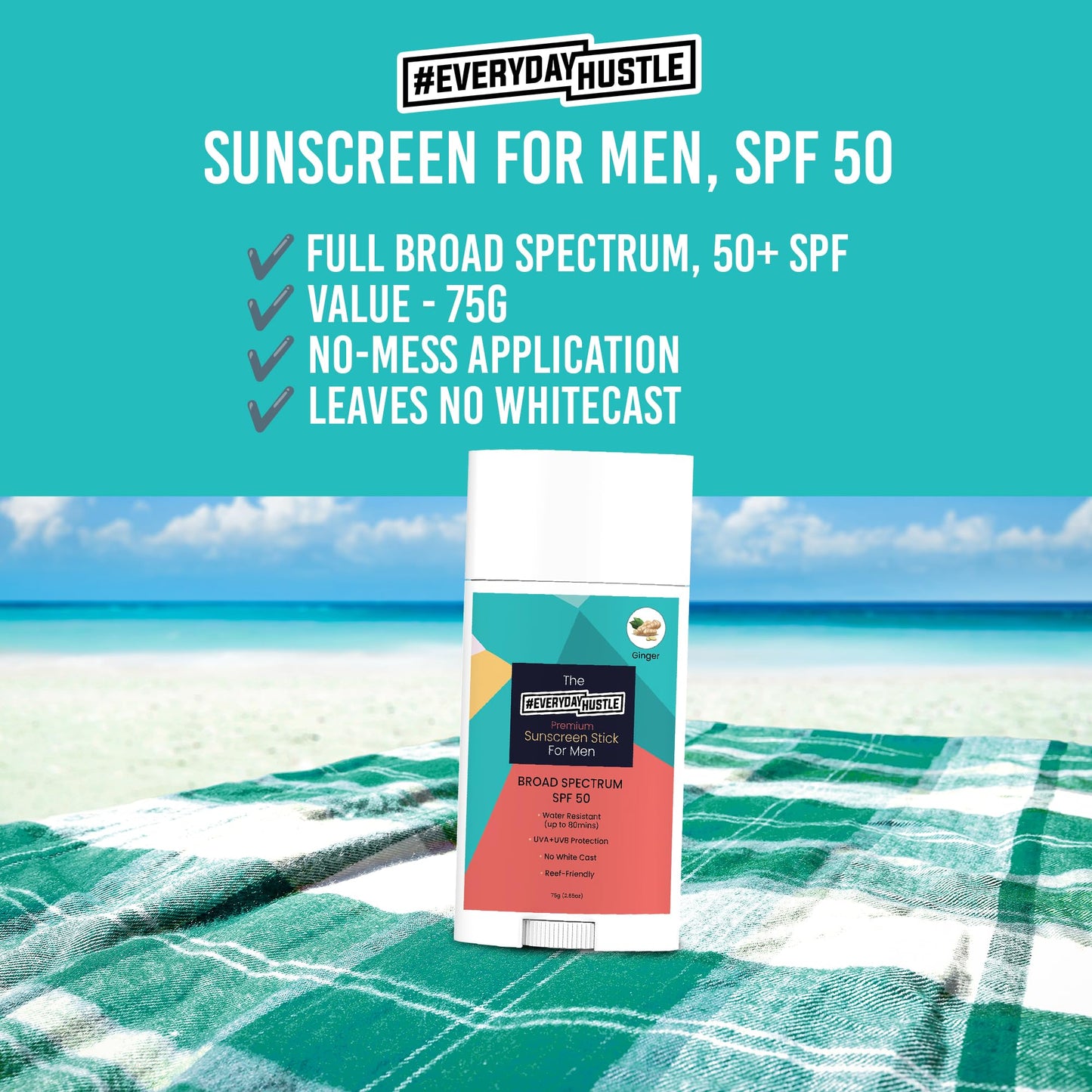 EverydayHustle Face Sunscreen Stick Spf 50 For Men And Women, Broad Spectrum Spf Stick, Non Zinc Sunblock Stick For Face And Body, 75g Large Twist Up