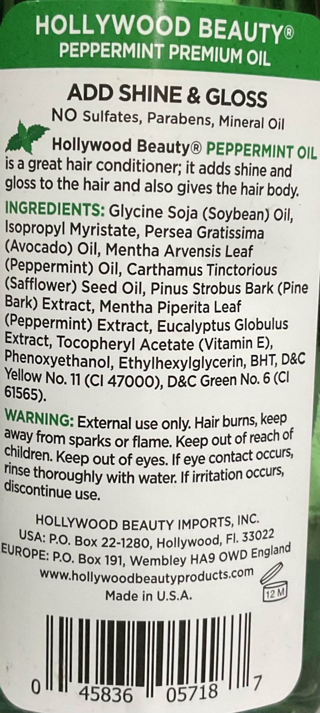 Hollywood Beauty Peppermint Hair Oil, 8oz Bottle, Conditions both hair and skin, Natural Treatment that Dries Itchy Scalps & Moisturizes Hair & Skin