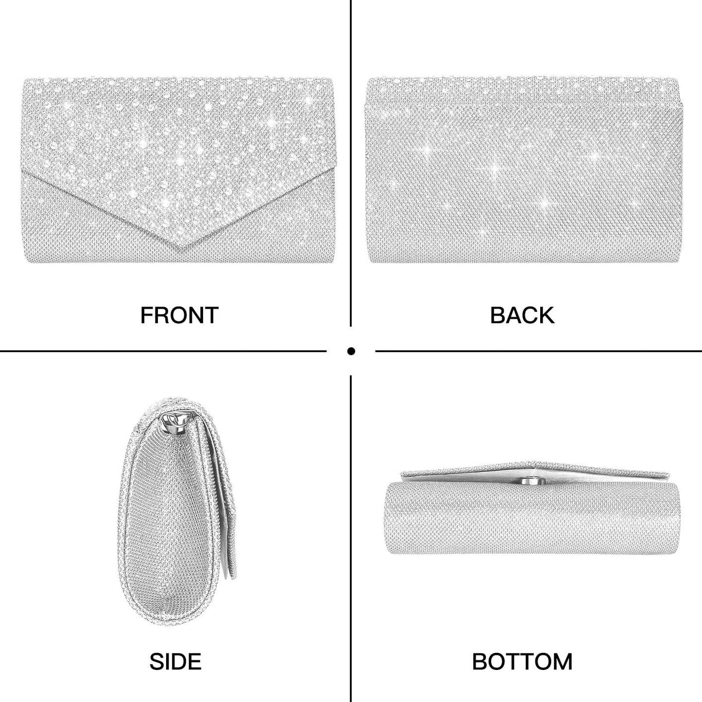 CurvChic Clutch Purses for Women Evening Bag Rhinestone Handbag Party Wedding Bridal Prom Purse Crossbody Shoulder Bag(Sliver)