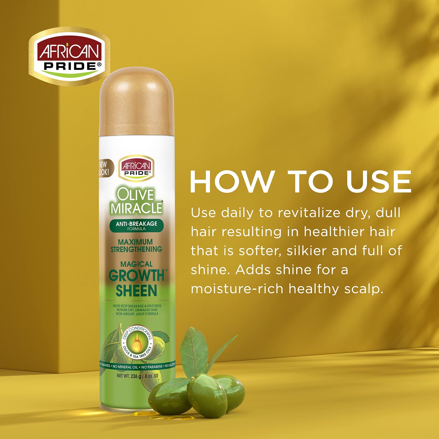 African Pride Olive Miracle Magical Growth Sheen Hair Spray - Enriched with Olive & Tea Tree Oil for Natural Beauty, Moisture & Shine, 8oz