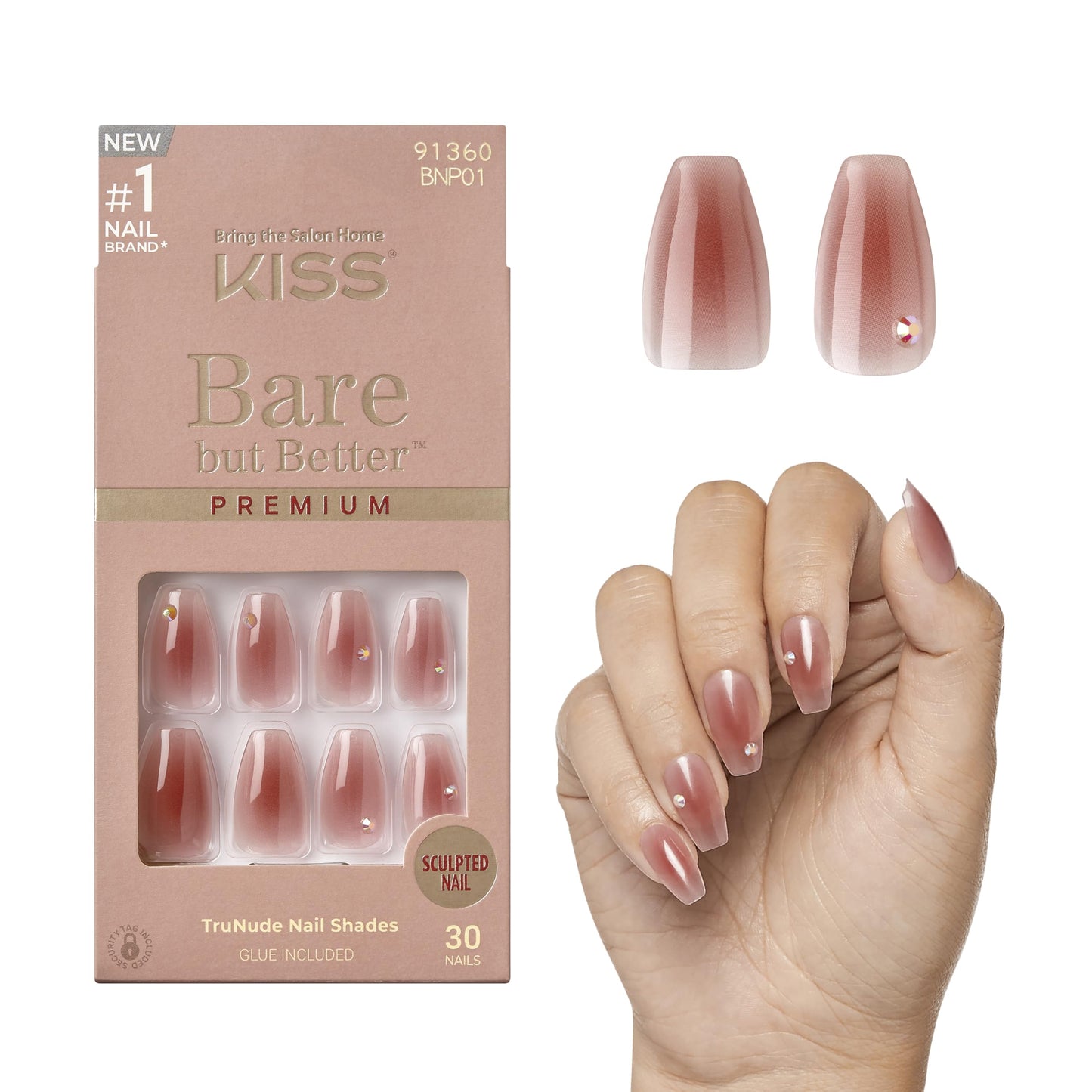 KISS Bare but Better, Press On Nails, Nail glue included, 'Shine', Dark Pink, Medium Size, Coffin Shape, Includes 30 Nails, 2g Glue, 1 Manicure Stick Beauty & Personal Care KISS