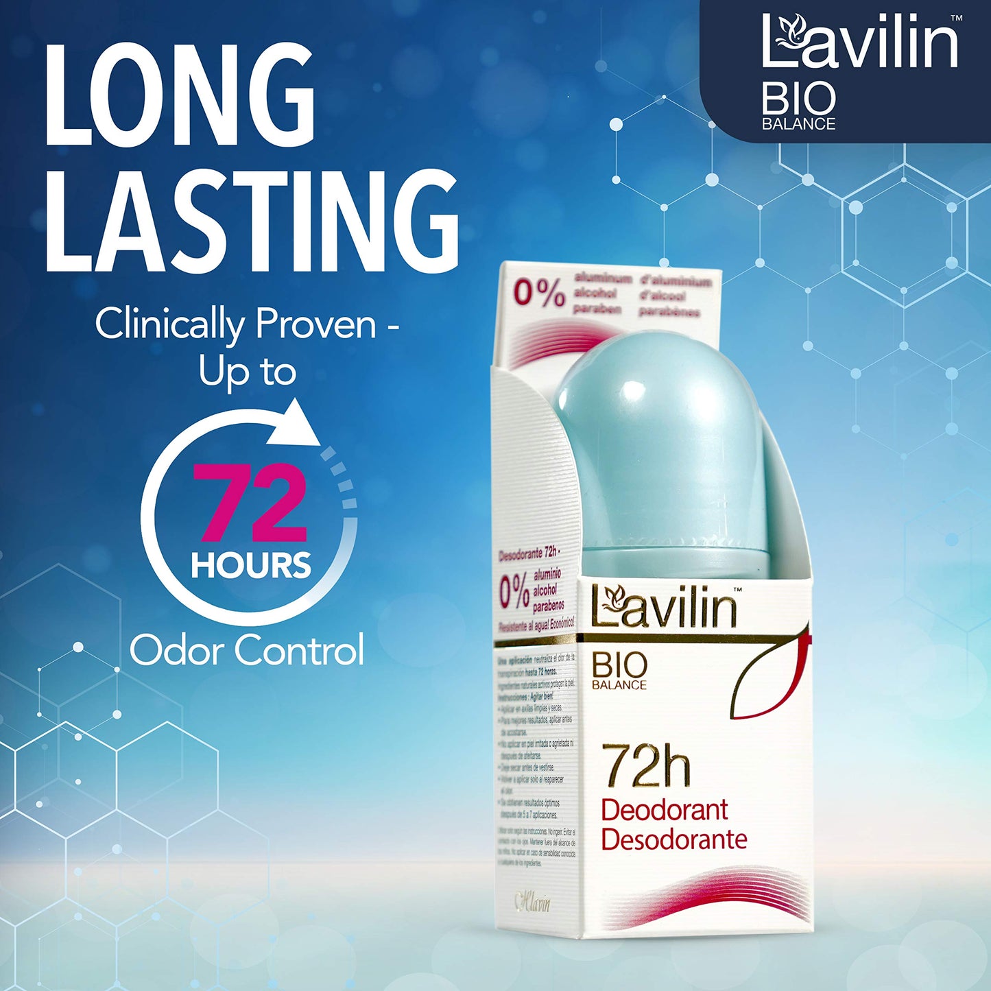 LAVILIN Roll On Deodorant for Women and Men - Aluminum Free Deodorant with Up to 72 Hour Long-Lasting Protection and Odor Control