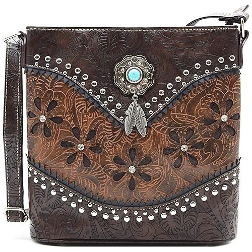 Western Style Tooled Leather Feather Crossbody Handbags Clutch Purse Women Country Everyday Shoulder Bag (Coffee)