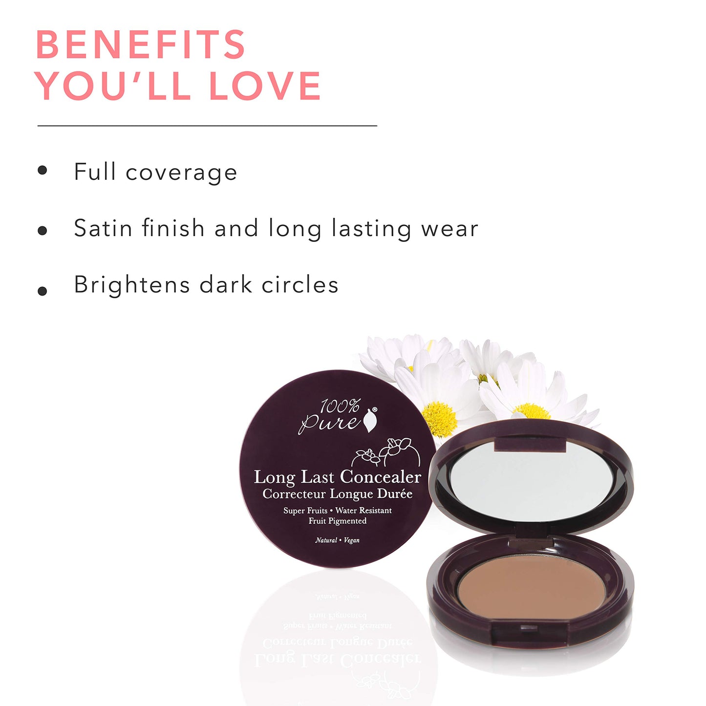 100% PURE Fruit Pigmented Long Last Compact Concealer, Toffee, Full Coverage Concealer, Diminish Dark Circles (Tan with Yellow Undertones) - 0.11oz