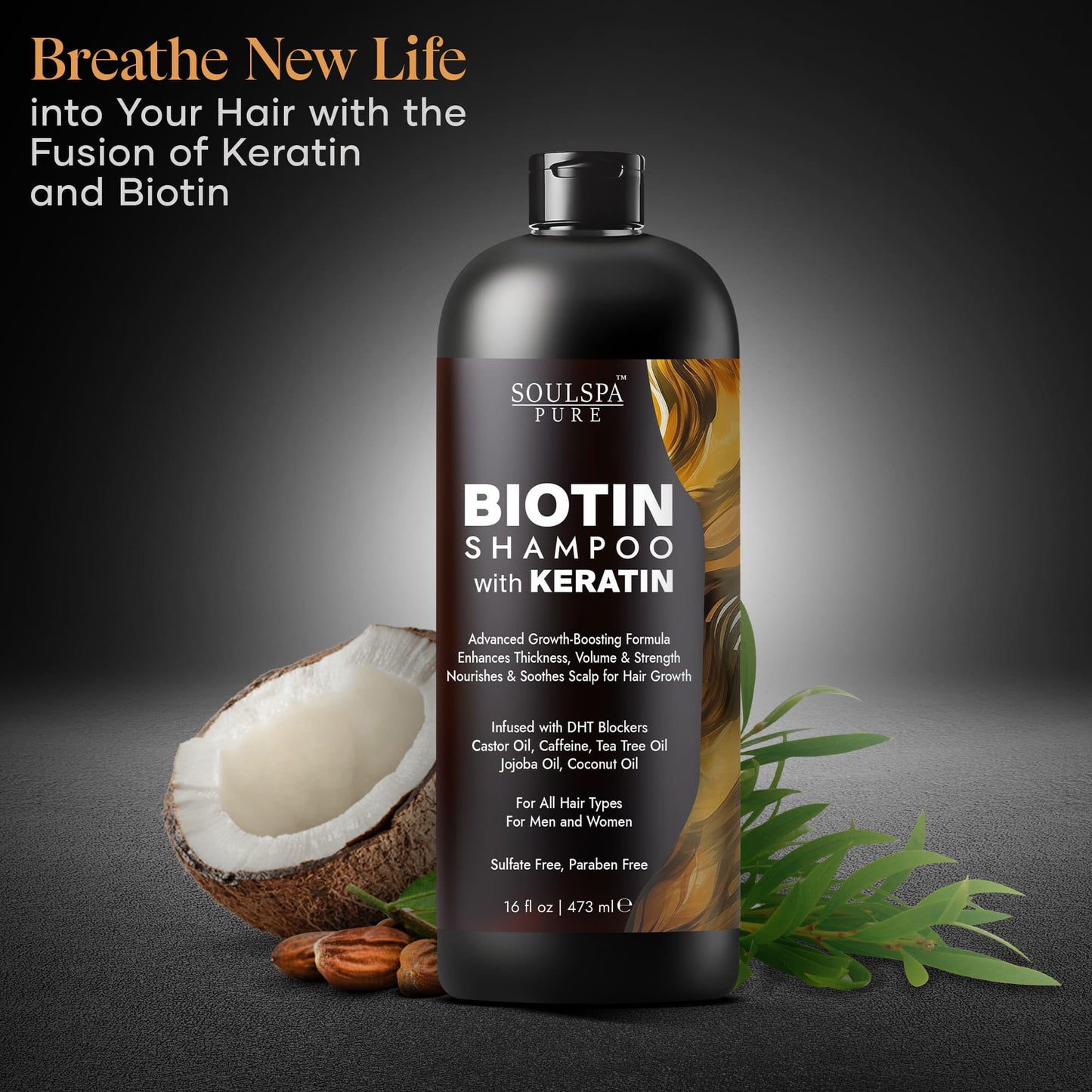 SOULSPA PURE Biotin Shampoo with Keratin - Advanced Anti-Thinning, Hair Growth & Repair Formula - Soothes Scalp, with Tea Tree Oil & DHT Blockers