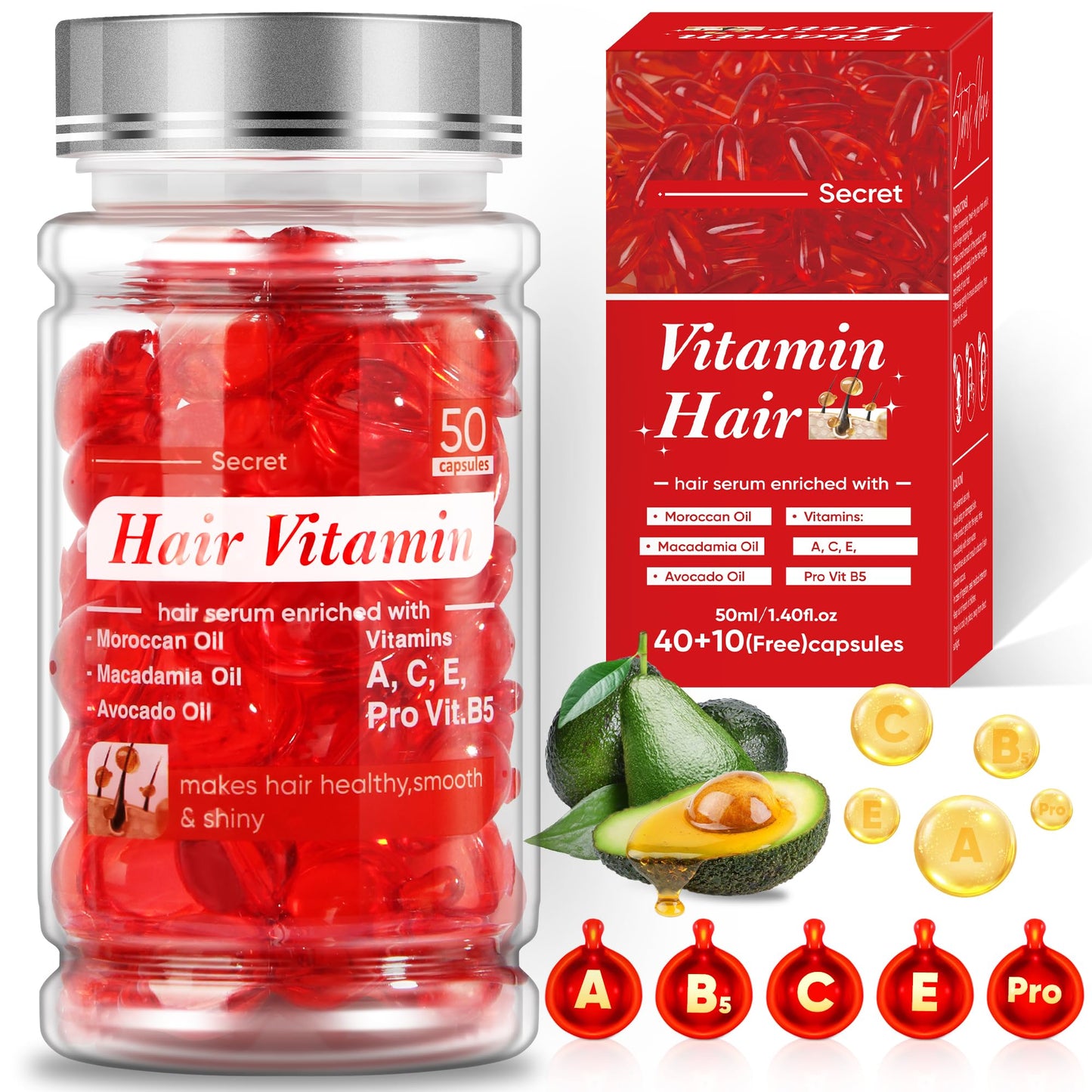 Jaxmoon Hair Treatment Serum - Bali Secret Hair Vitamin, No Rinse with Moroccan Macadamia Avocado Oils, Vitamins A C E Pro Vit B5, 50 Capsules