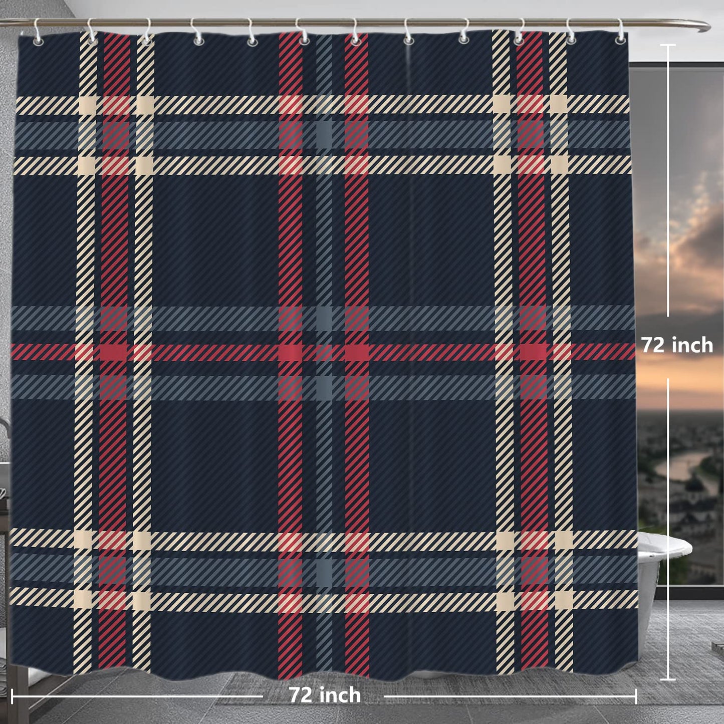 BaoNews Christmas Fashion Blue Decorative Shower Curtain, Blue Check Tartan Plaid Pattern Red Abstract BritainDecor Shower Curtain for Shower Stall…