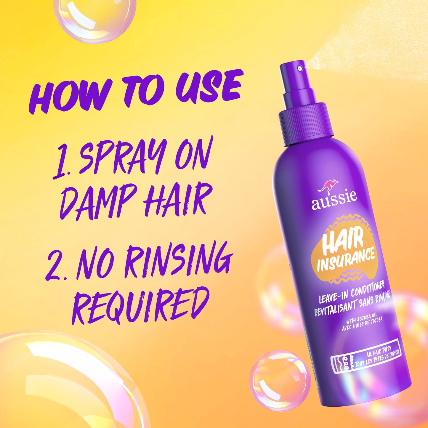 Aussie Hair Insurance Leave-In Conditioner Spray: Moisturizing Frizz Control & Detangler with Jojoba Oil (8 Fl Oz Each, 3-Pack) Beauty and Personal Care Aussie