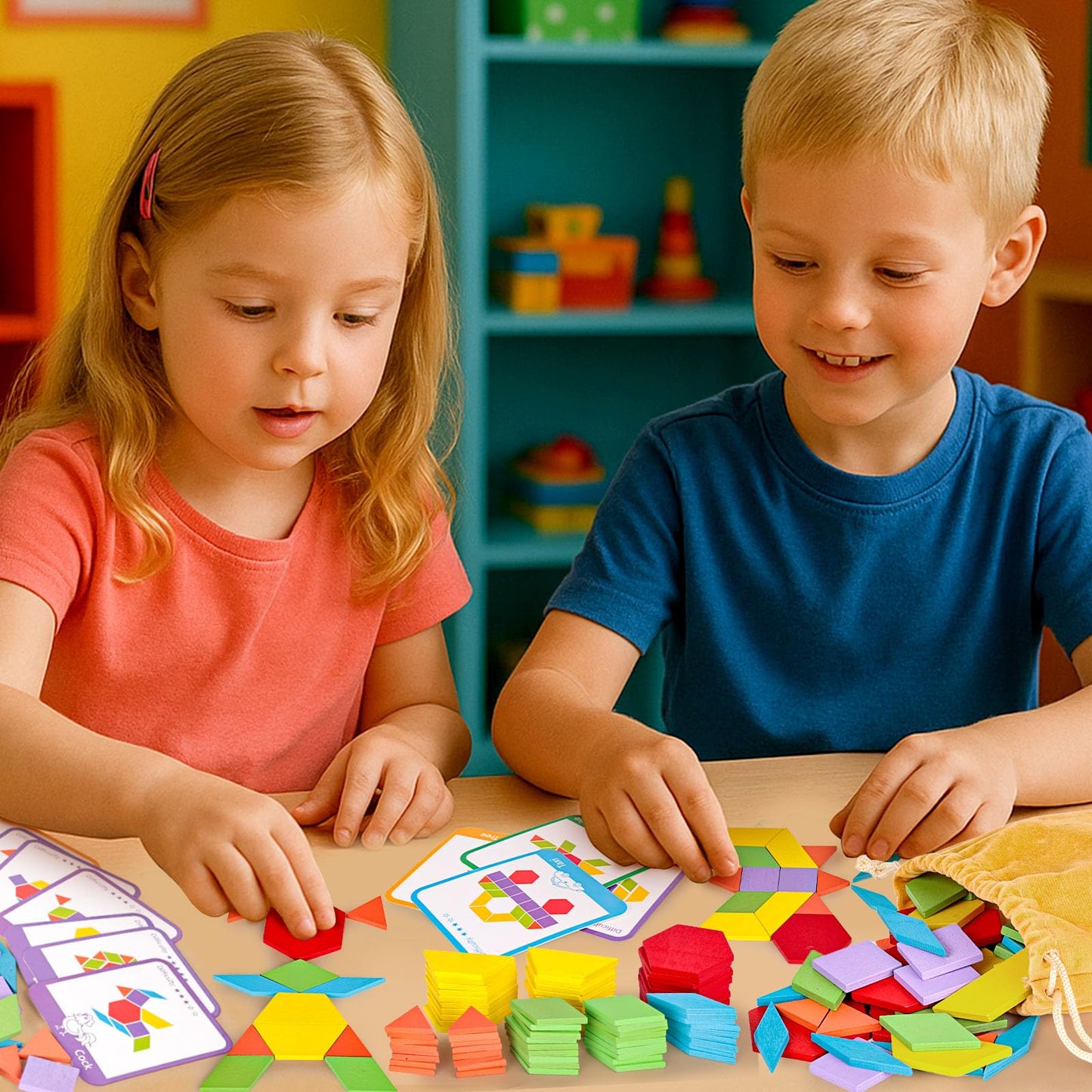 LovesTown 209 PCS Wooden Pattern Blocks | Geometric Shapes with Activity Cards & Storage Bag | Educational Tangram Puzzle Gift for Kids