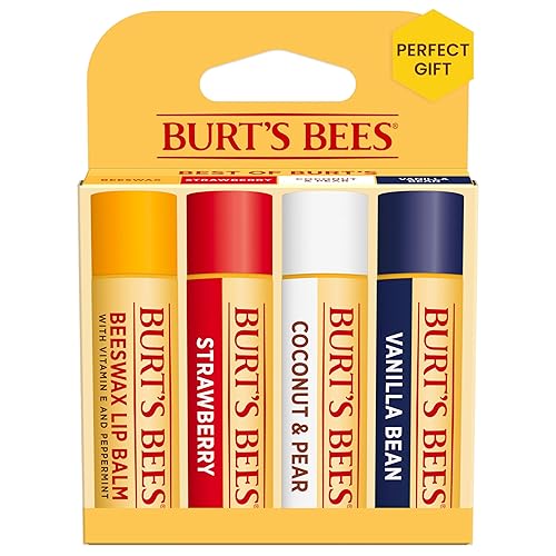 Burt's Bees Lip Balm, Beeswax, Strawberry, Coconut and Pear, and Vanilla Bean Pack, With Responsibly Sourced Beeswax, Tint-Free, Natural Lip