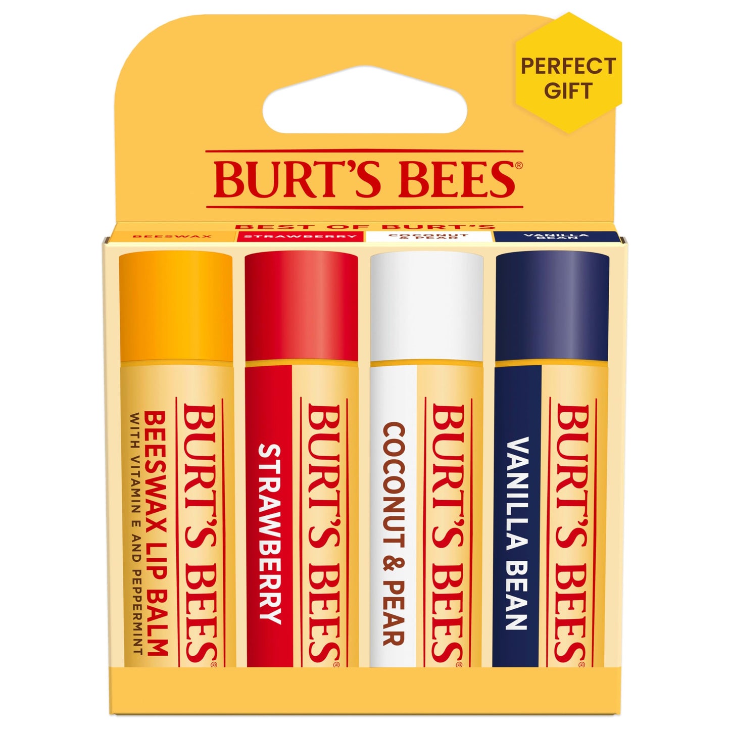 Burt's Bees Lip Balm, Beeswax, Strawberry, Coconut and Pear, and Vanilla Bean Pack, With Responsibly Sourced Beeswax, Tint-Free, Natural Lip