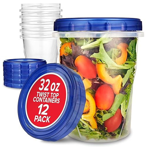 Stock Your Home 32 oz Plastic Containers with Twist Top Lids (12 Pack), Quart Freezer Containers for Leftover Food, Airtight Reusable Soup…