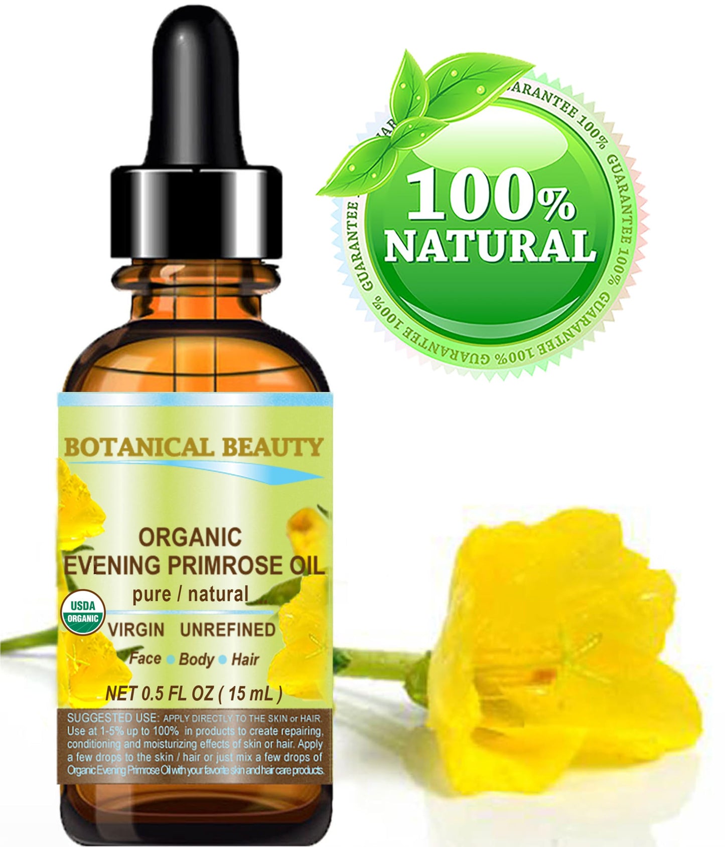 Botanical Beauty Organic EVENING PRIMROSE OIL 100% Pure Natural Undiluted Unrefined Virgin Cold Pressed Carrier Oil. 0.5 Fl.oz.- 15 ml for face, skin