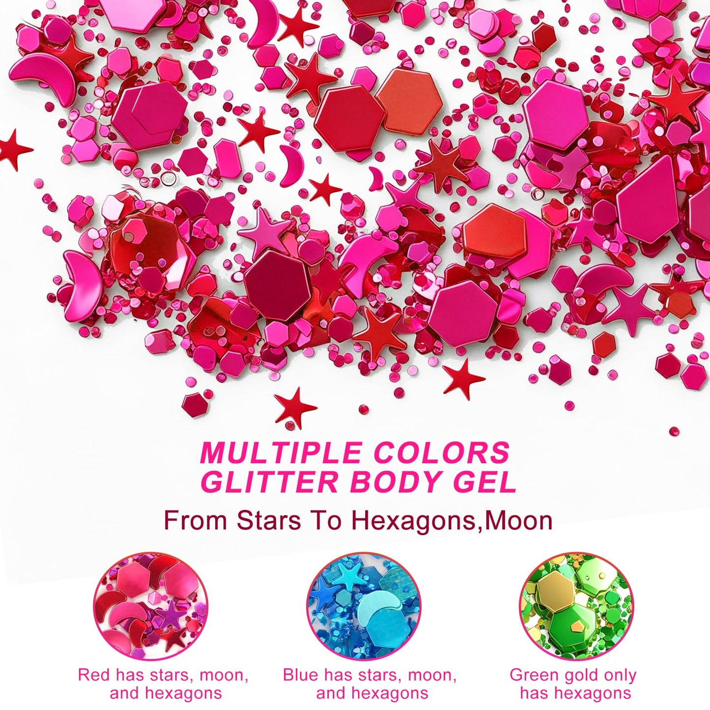 Pink Body Glitter Gel(18ml*2),Self-Adhesive Cosmetic Glitter for Women Kids